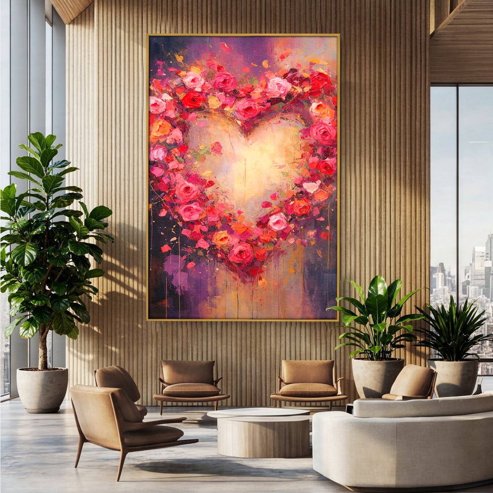 Tablou canvas cu tablou canvas cu inima din trandafiri, in rama de aluminiu auriu, pe perete intr-un birou